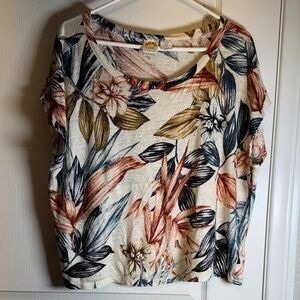C&C California Floral Leaves Boxy 100% Linen Sleeveless Blouse Size XL EUC #2218